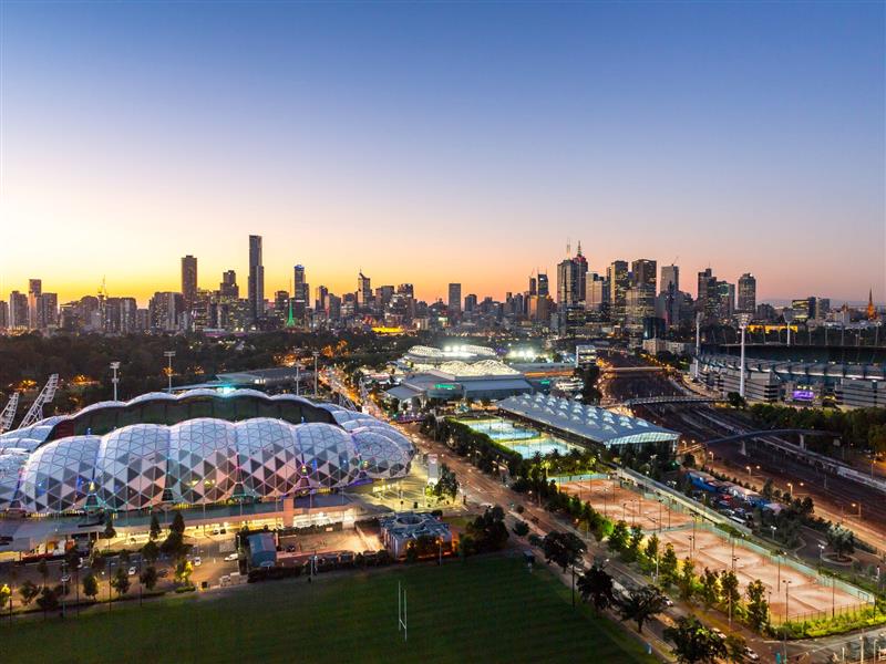 Melbourne sports precinct at sunset